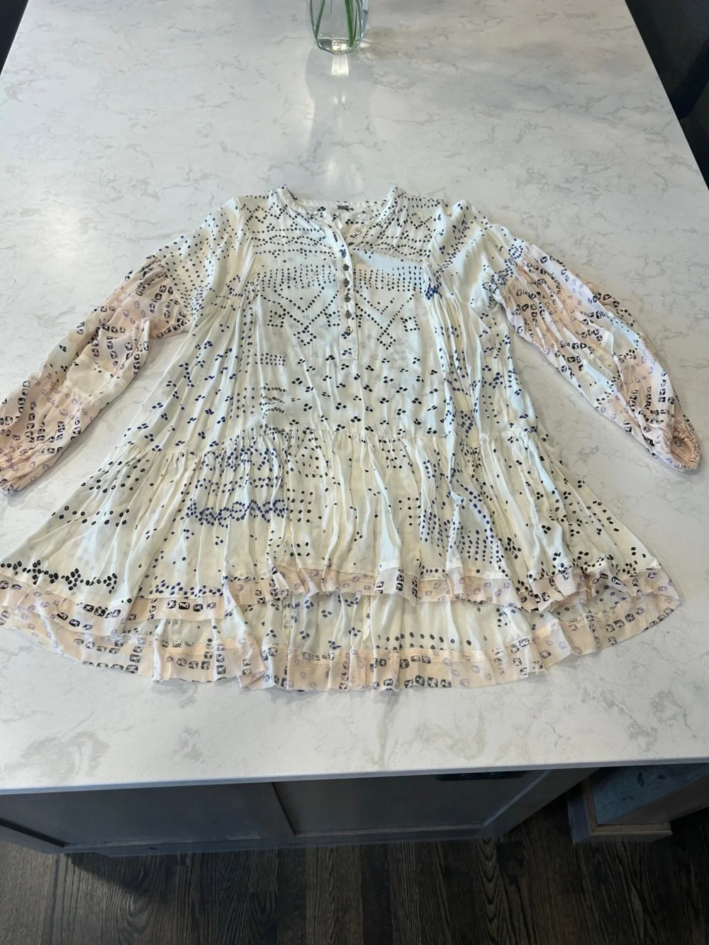 Free People Shibori Ivory Print Long Sleeve Button-Up Tunic Boho Festival XS